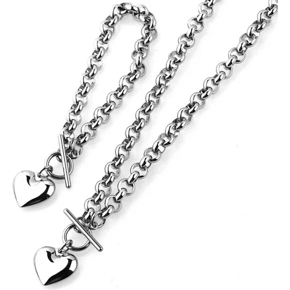💕 2pc Set Heart Charm Necklace & Bracelet Set - O-Chain Velentine's Jewelry - Picture 2 of 9